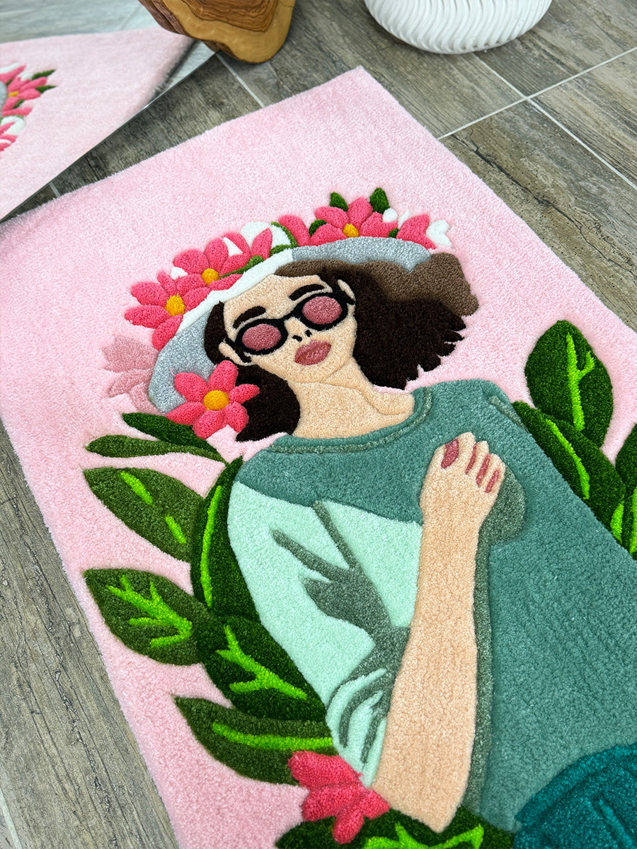 Arbela Floral Woman Portrait Handmade Tufted Rug & Wall Decor
