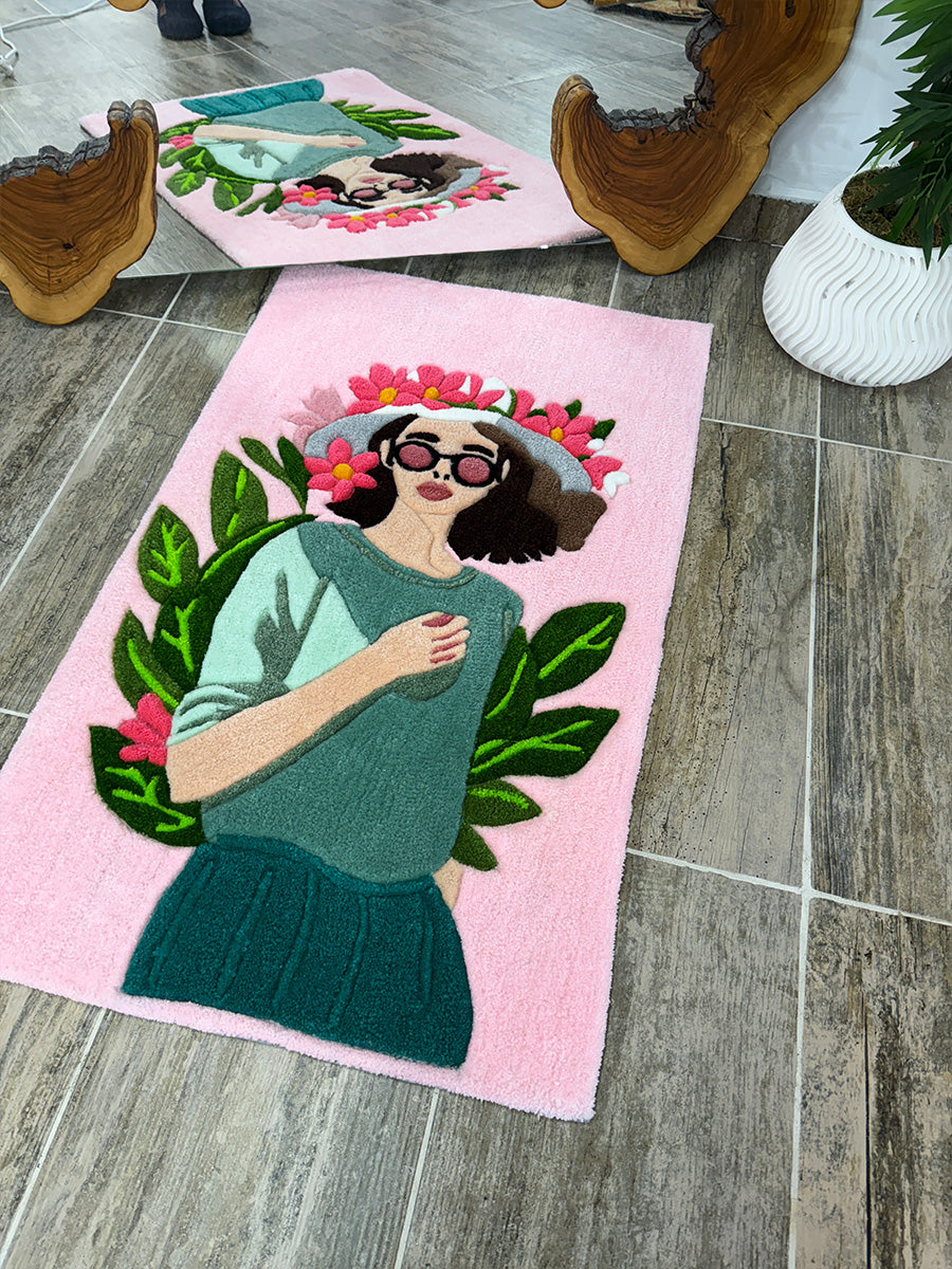 Arbela Floral Woman Portrait Handmade Tufted Rug & Wall Decor