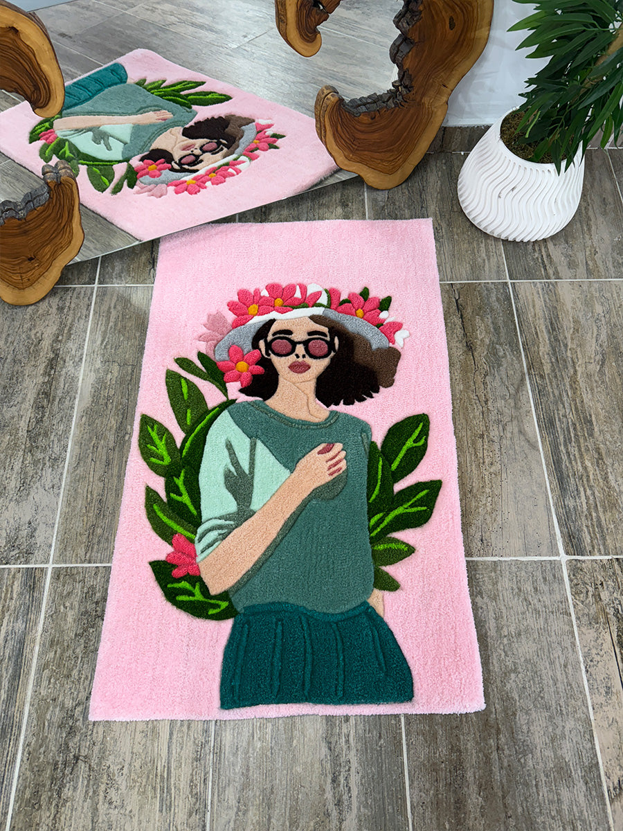 Arbela Floral Woman Portrait Handmade Tufted Rug & Wall Decor
