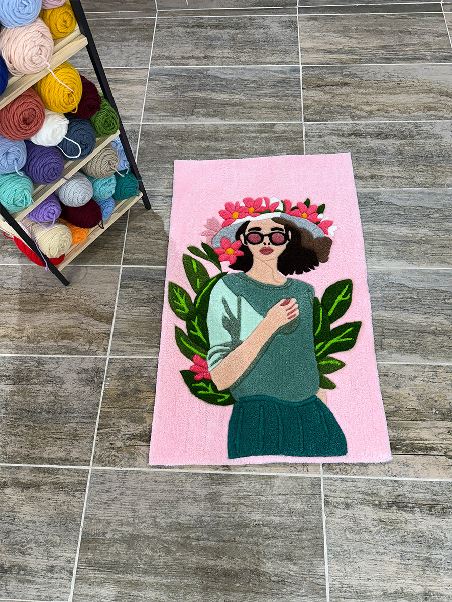 Arbela Floral Woman Portrait Handmade Tufted Rug & Wall Decor
