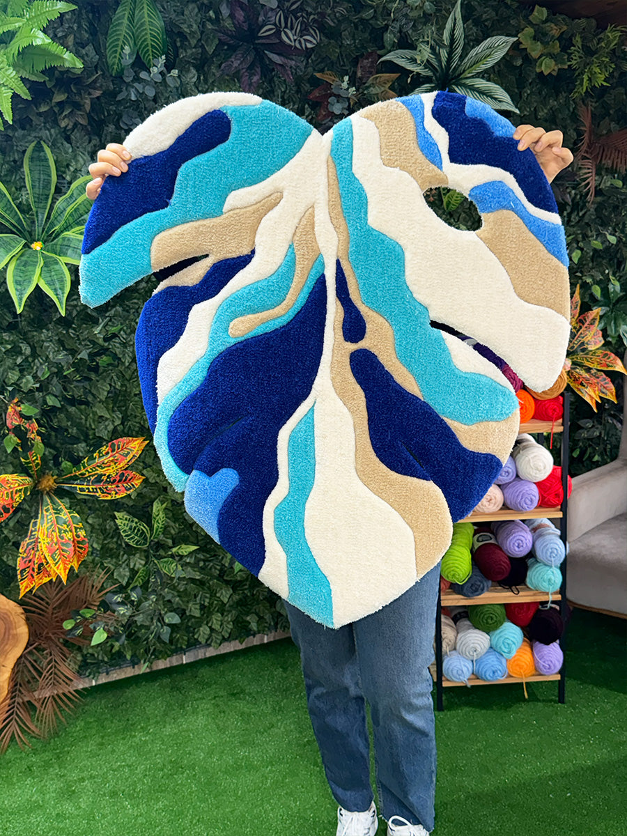 Blue Ocean Abstract Monstera Leaf Handmade Tufted Rug & Wall Art