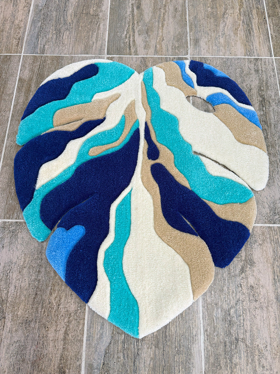 Blue Ocean Abstract Monstera Leaf Handmade Tufted Rug & Wall Art