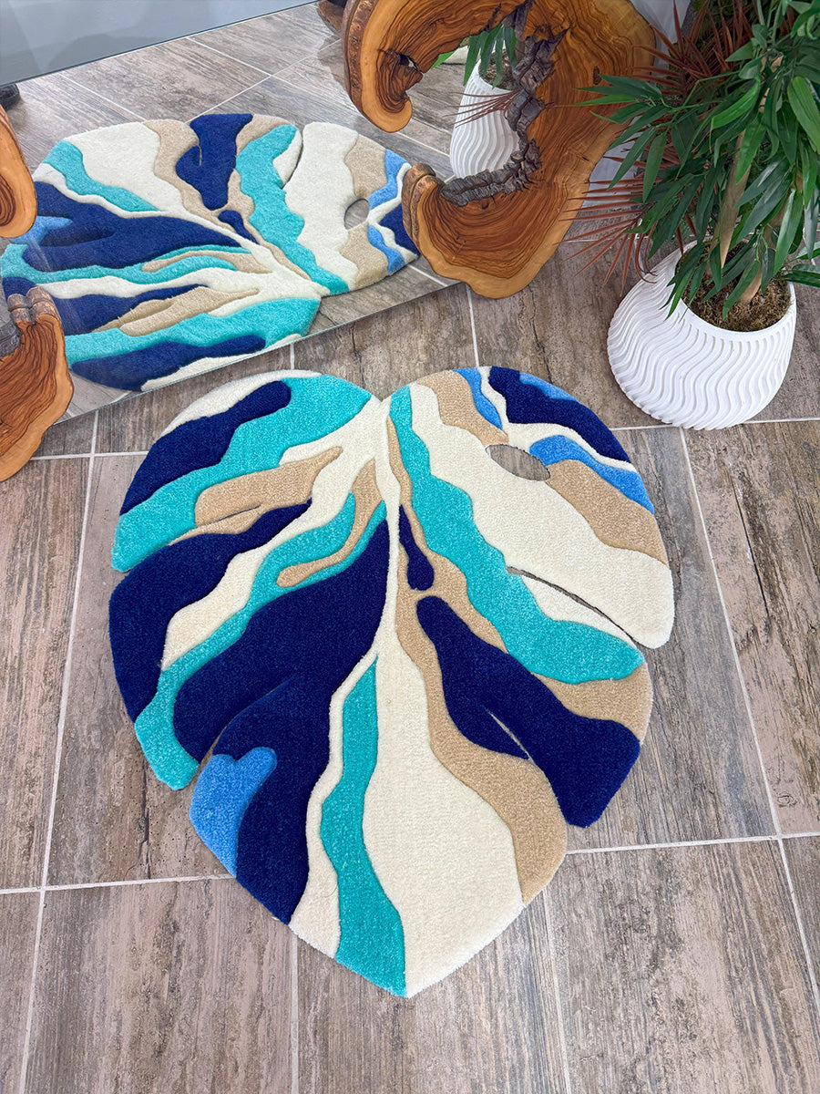 Blue Ocean Abstract Monstera Leaf Handmade Tufted Rug & Wall Art