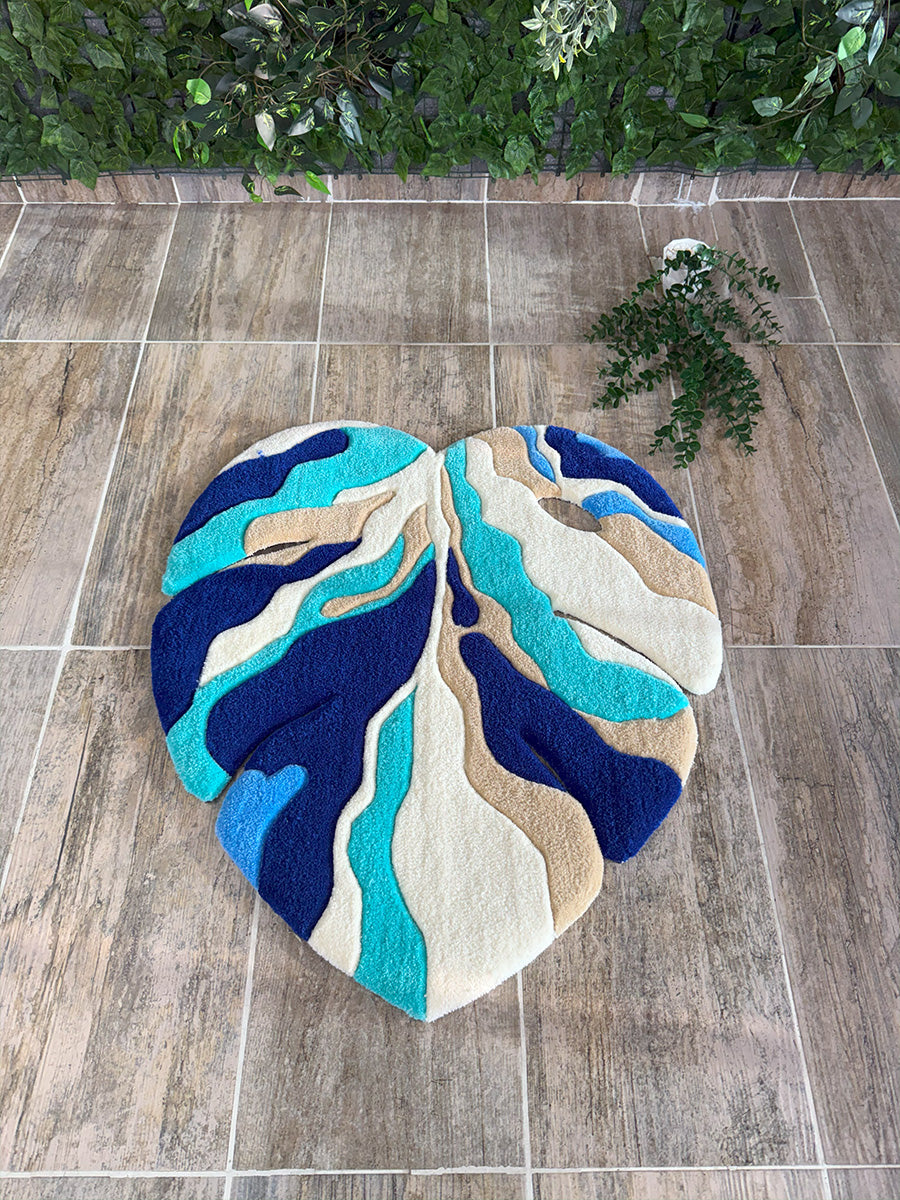 Blue Ocean Abstract Monstera Leaf Handmade Tufted Rug & Wall Art