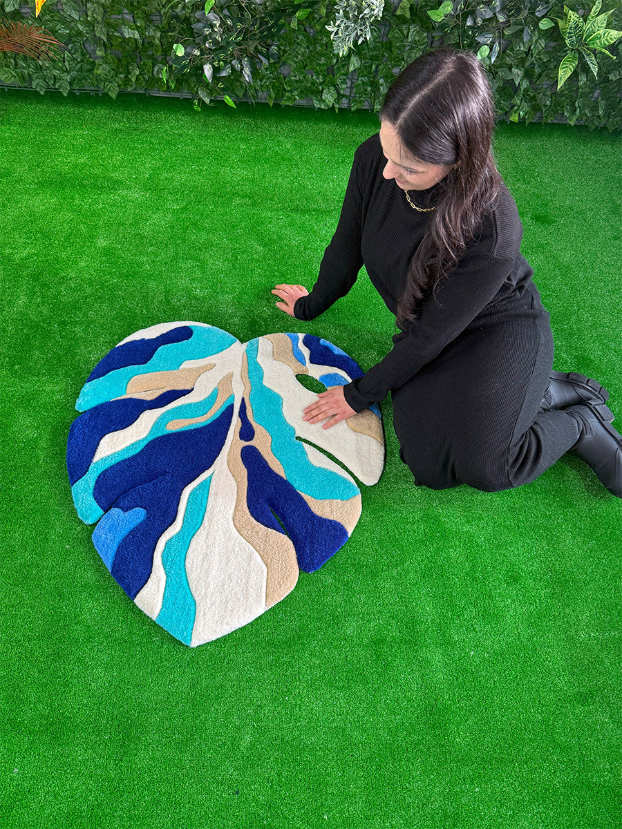 Blue Ocean Abstract Monstera Leaf Handmade Tufted Rug & Wall Art