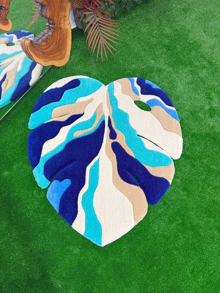 Blue Ocean Abstract Monstera Leaf Handmade Tufted Rug & Wall Art