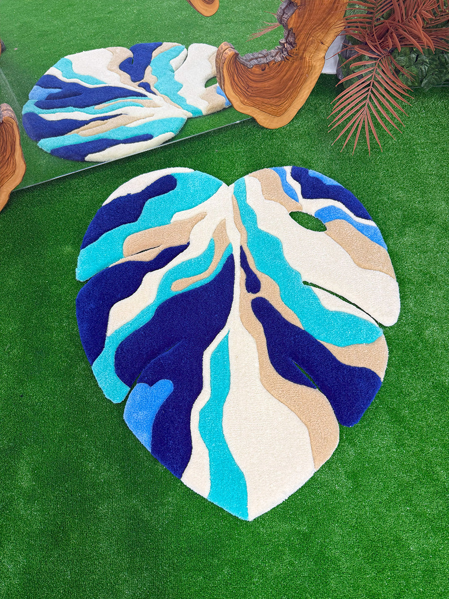 Blue Ocean Abstract Monstera Leaf Handmade Tufted Rug & Wall Art