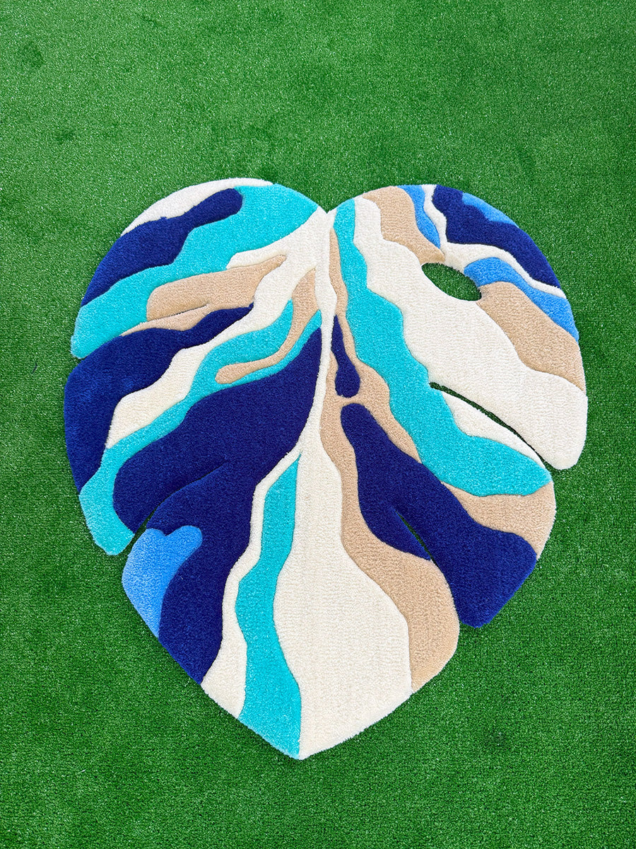 Blue Ocean Abstract Monstera Leaf Handmade Tufted Rug & Wall Art