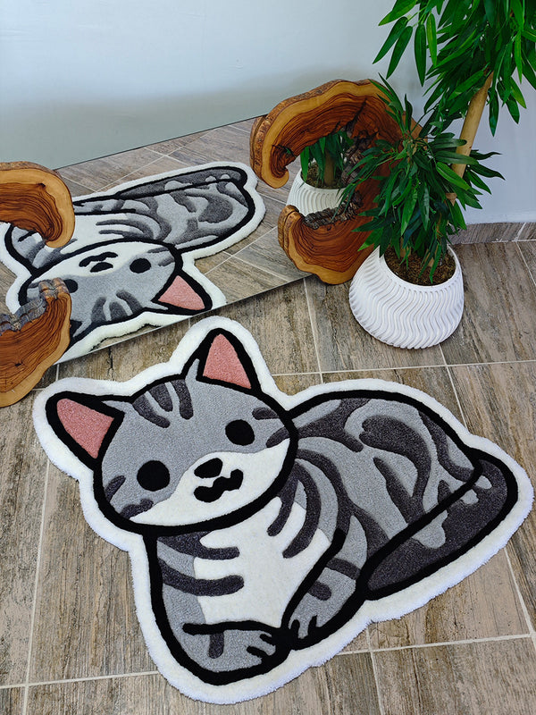 Cute Gray Tabby Cat Handmade Tufted Rug & Nursery Decor