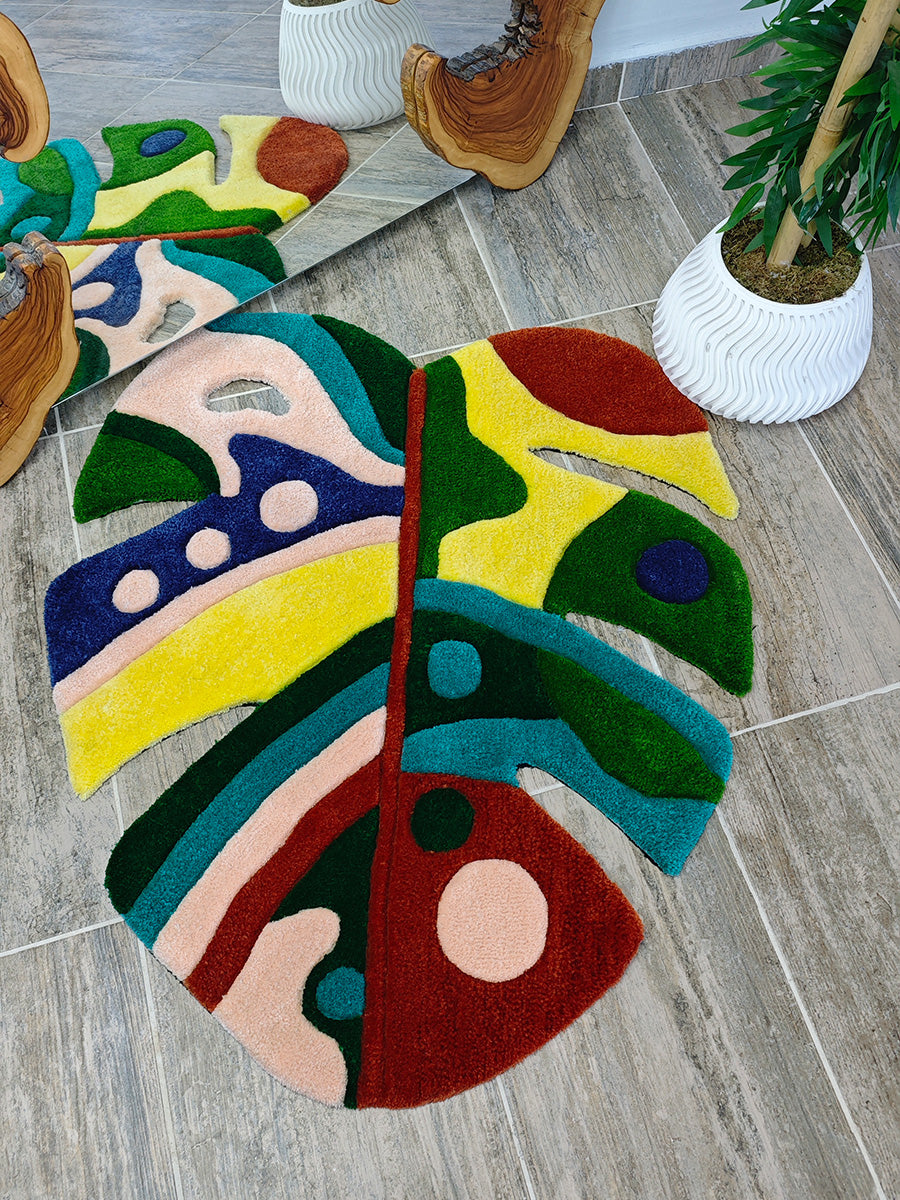 Colorful Abstract Monstera Leaf Handmade Tufted Rug & Wall Art