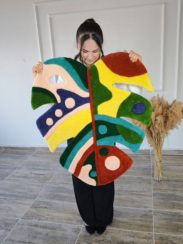 Colorful Abstract Monstera Leaf Handmade Tufted Rug & Wall Art