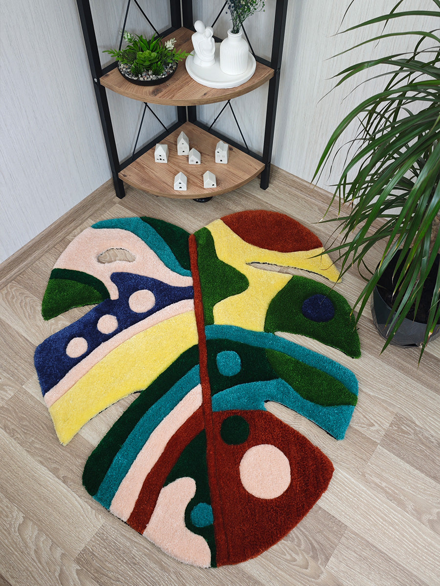Colorful Abstract Monstera Leaf Handmade Tufted Rug & Wall Art