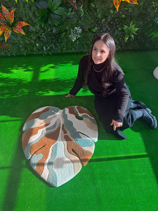 Earth Tone Abstract Monstera Leaf Handmade Tufted Rug & Wall Art