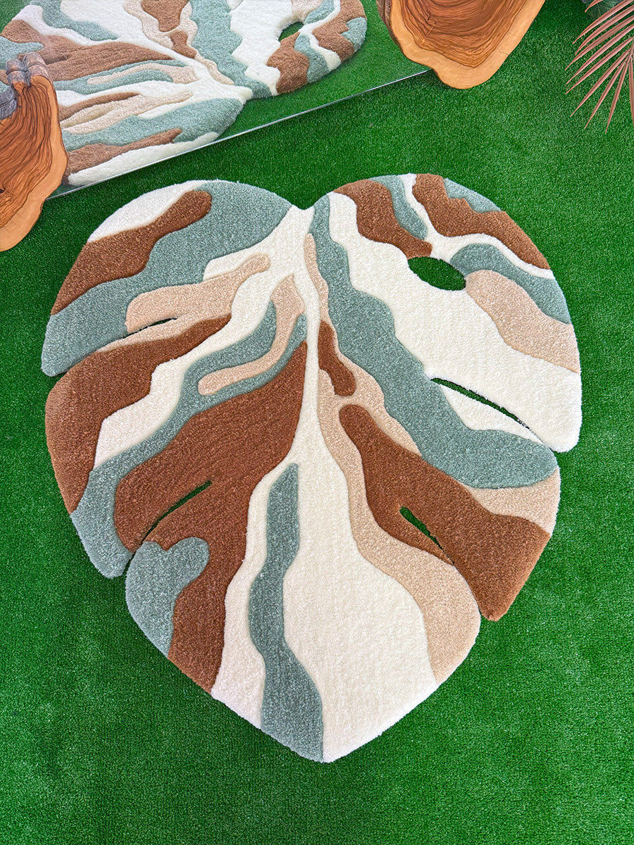 Earth Tone Abstract Monstera Leaf Handmade Tufted Rug & Wall Art