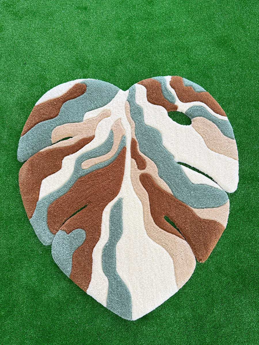 Earth Tone Abstract Monstera Leaf Handmade Tufted Rug & Wall Art
