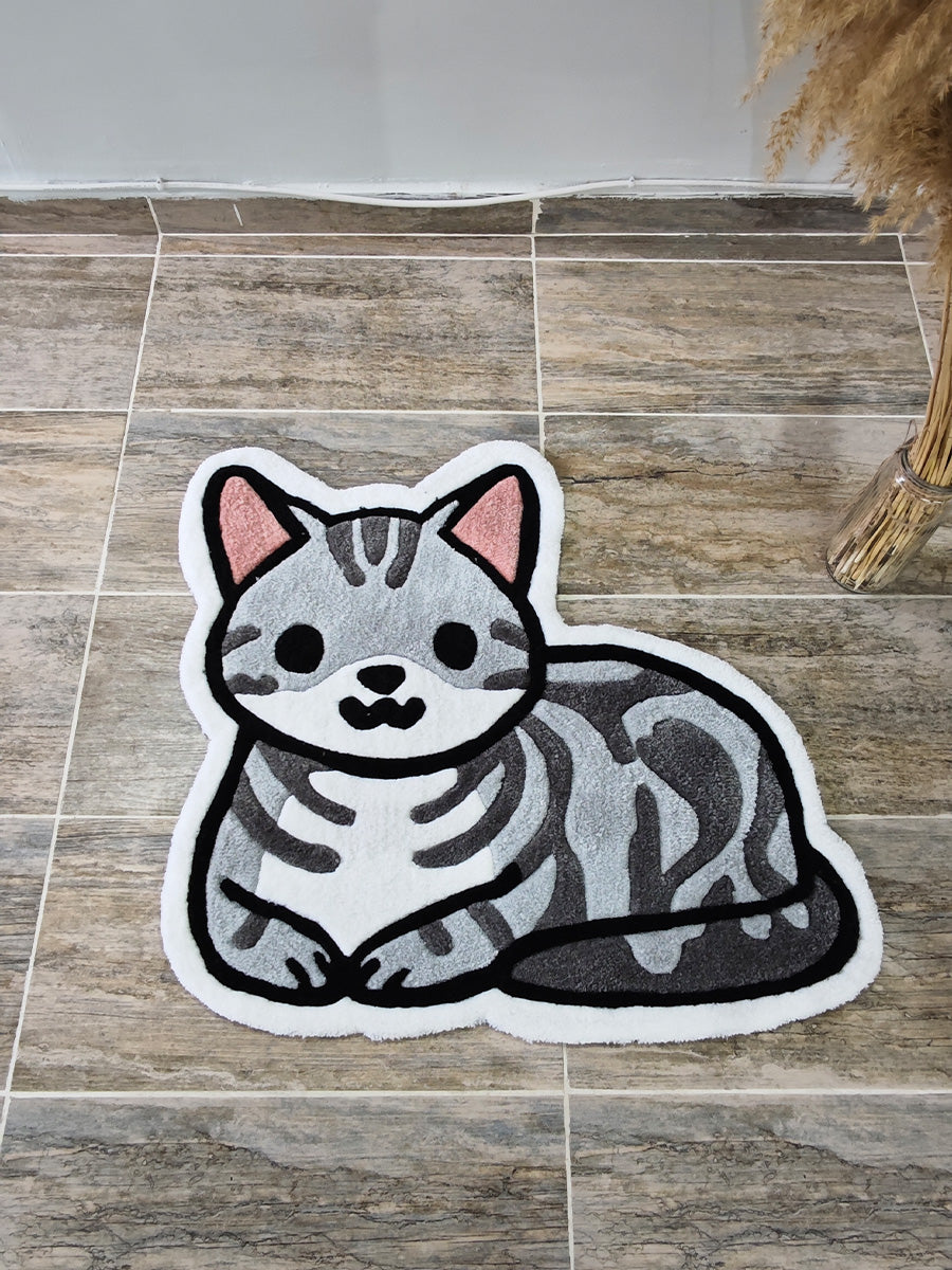 Cute Gray Tabby Cat Handmade Tufted Rug & Nursery Decor