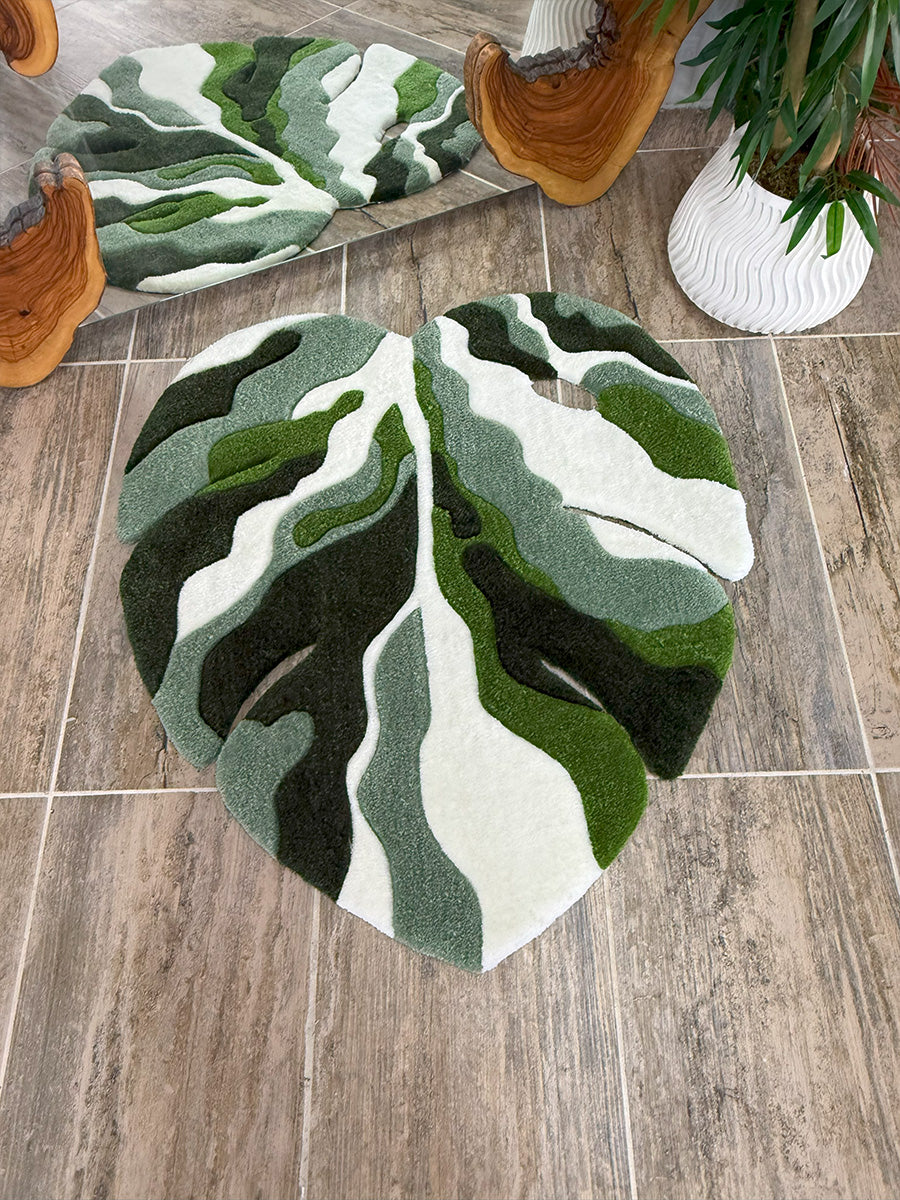Green Abstract Monstera Leaf Handmade Tufted Rug & Wall Art