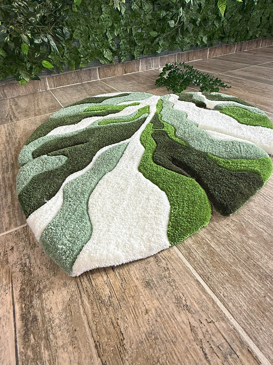 Green Abstract Monstera Leaf Handmade Tufted Rug & Wall Art