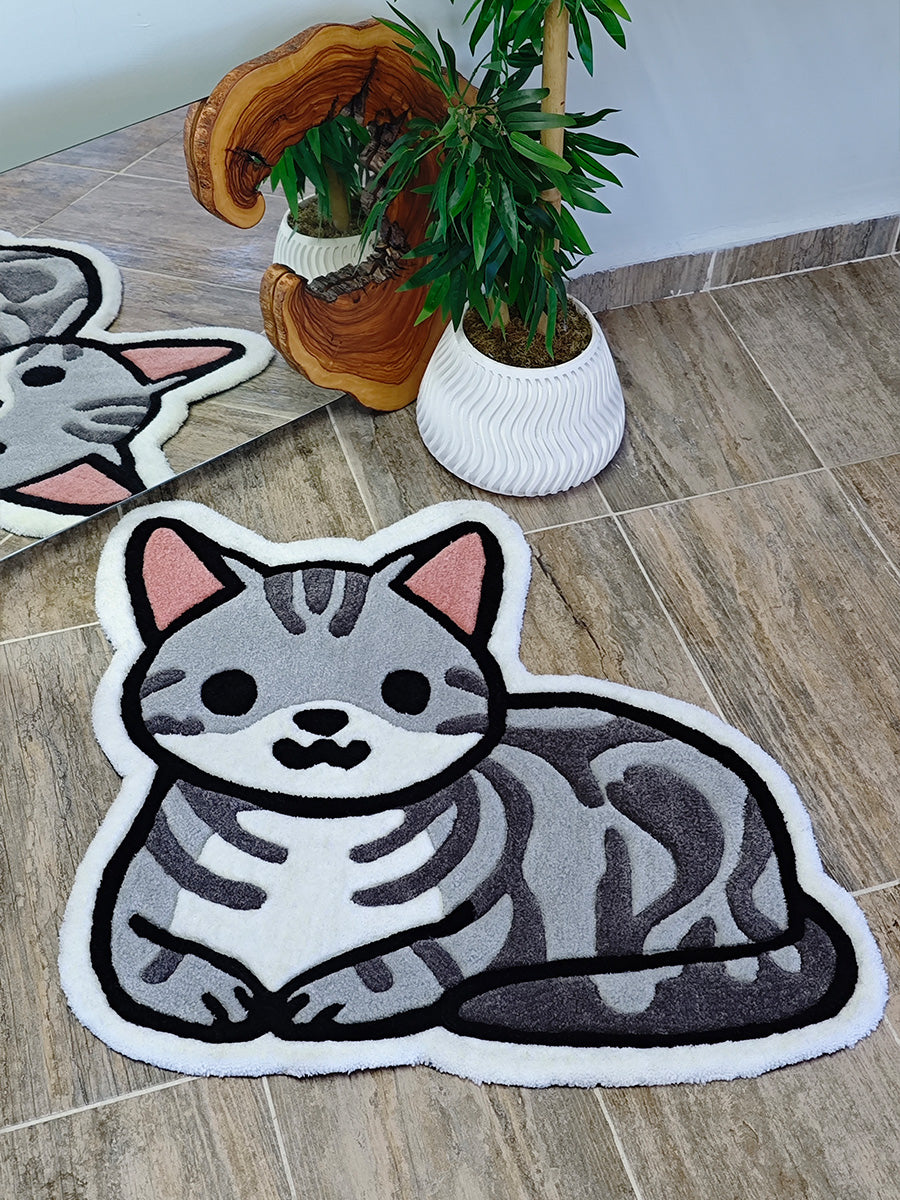 Cute Gray Tabby Cat Handmade Tufted Rug & Nursery Decor