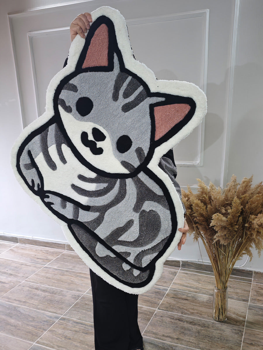 Cute Gray Tabby Cat Handmade Tufted Rug & Nursery Decor