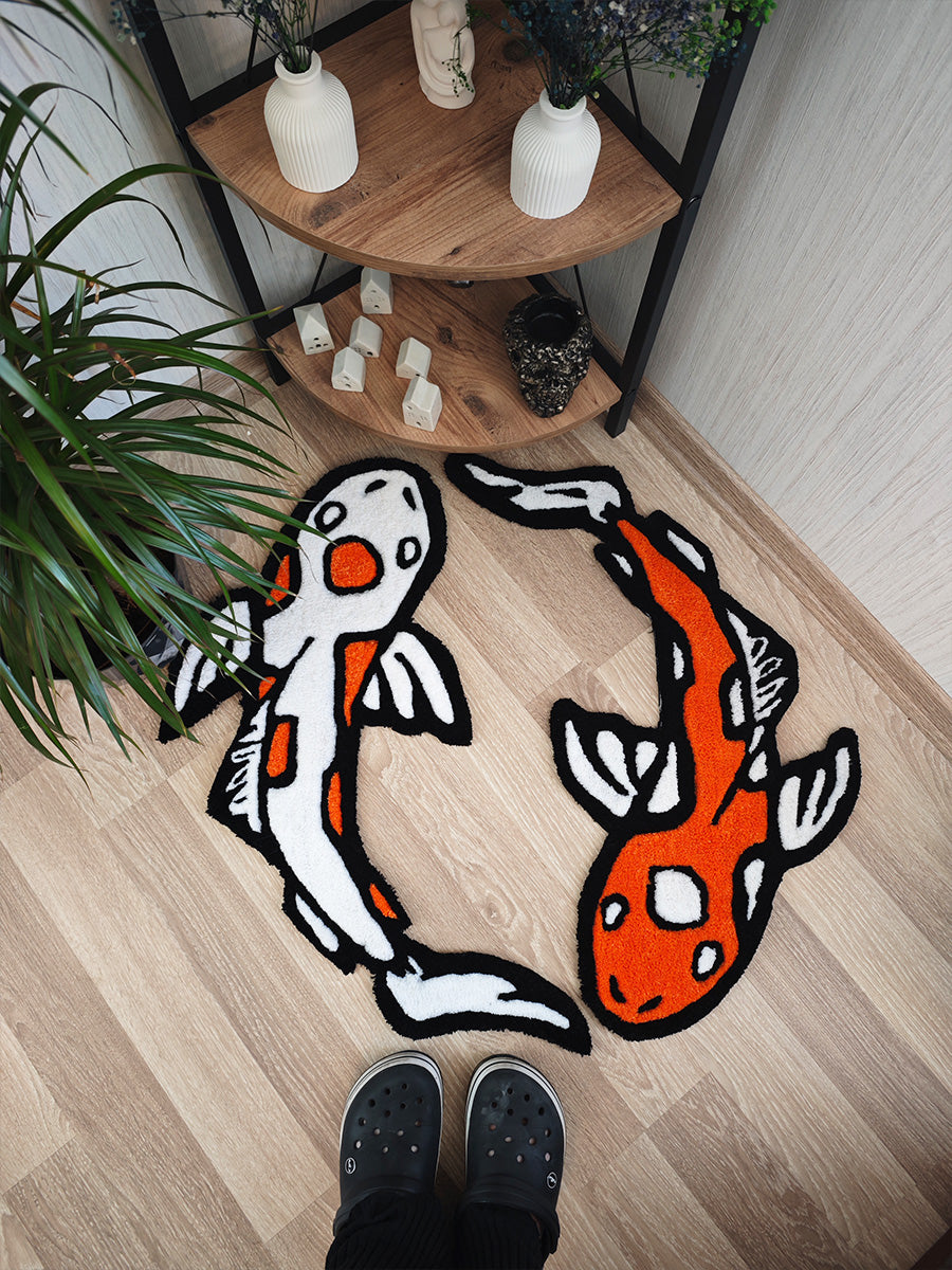 Yin Yang Koi Fish Set Handmade Tufted Rug & Wall Art